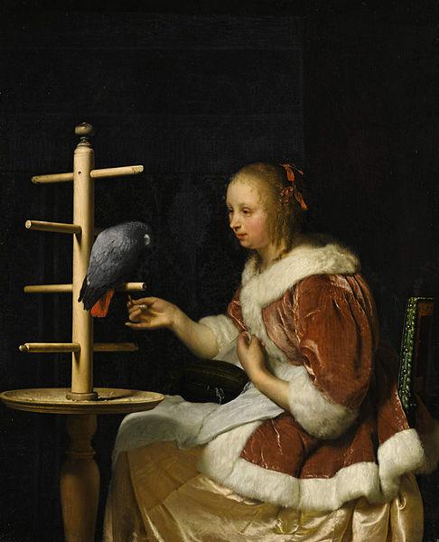 Frans van Mieris A Young Woman in a Red Jacket Feeding a Parrot Sweden oil painting art